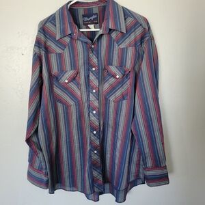 Wrangler Vintage Men's X-Long Tails 17-35 Long Sleeve Striped Pearl Snap Shirt